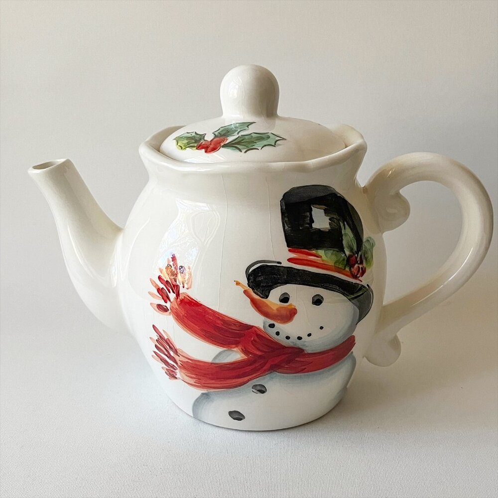 Vintage Hand Painted Christmas Teapot Top Hat Snowman Holly Berries by Maxcera